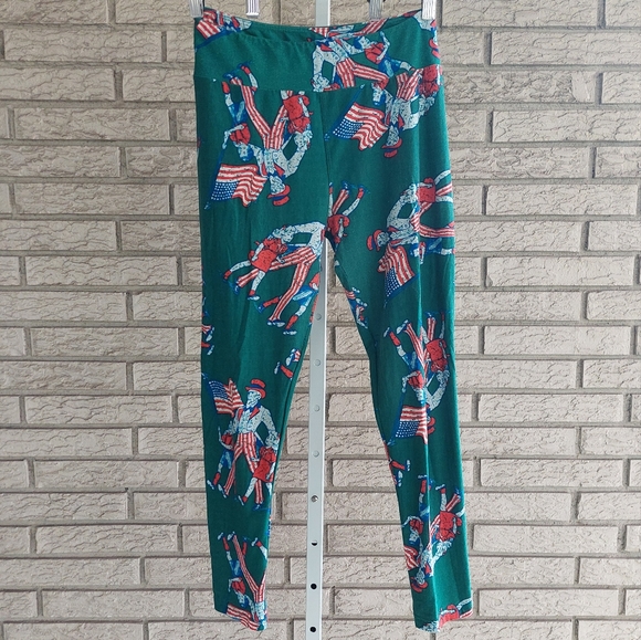 LuLaRoe Green American Dream One Size Leggings GUC - Picture 1 of 5